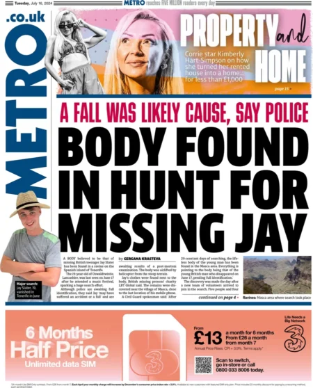 Metro - Body found in hunt for missing Jay