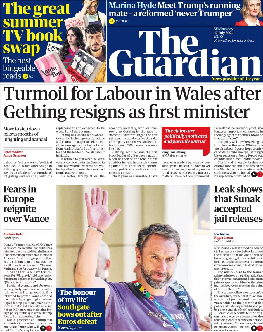 The Guardian - Turmoil for Labour in Wales after Gething resigns as first minister 
