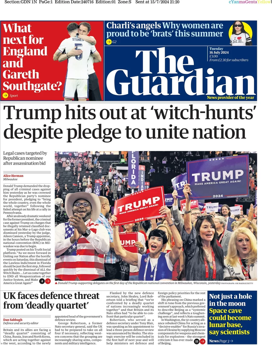 The Guardian - Trump hits out at ‘witch hunts’ despite pledge to unite nation 
