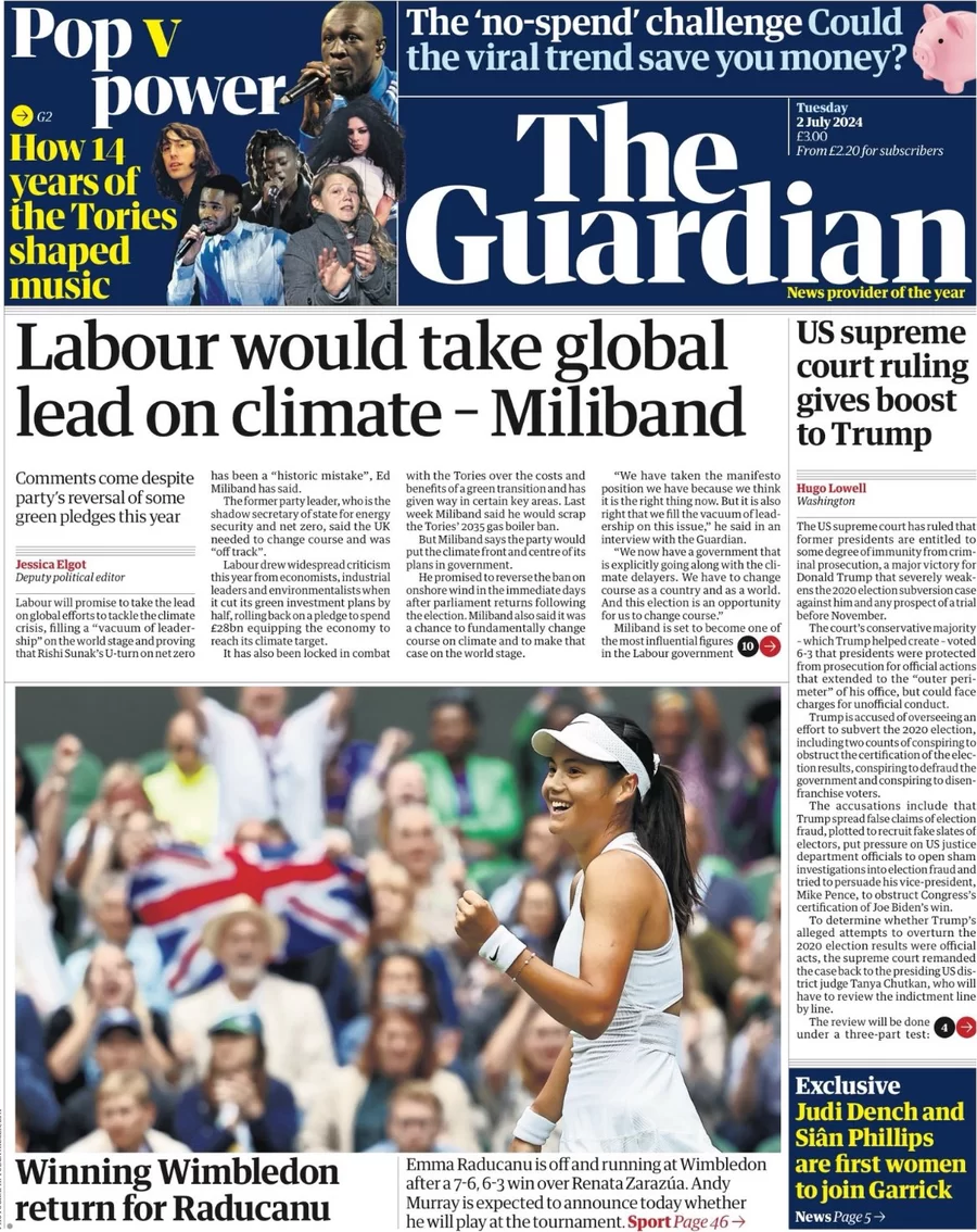 The Guardian - Labour would take global lead on climate - Miliband
