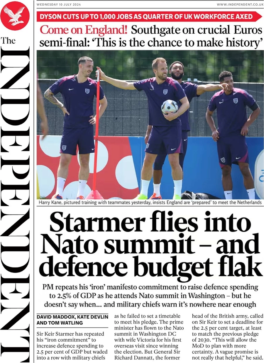 The Independent - Starmer flies into Nato summit - and defence budget flak 
