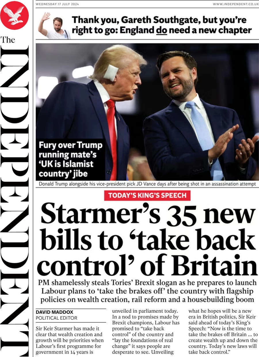The Independent - Starmer’s 35 new bills to ‘take back control’ of Britain 
