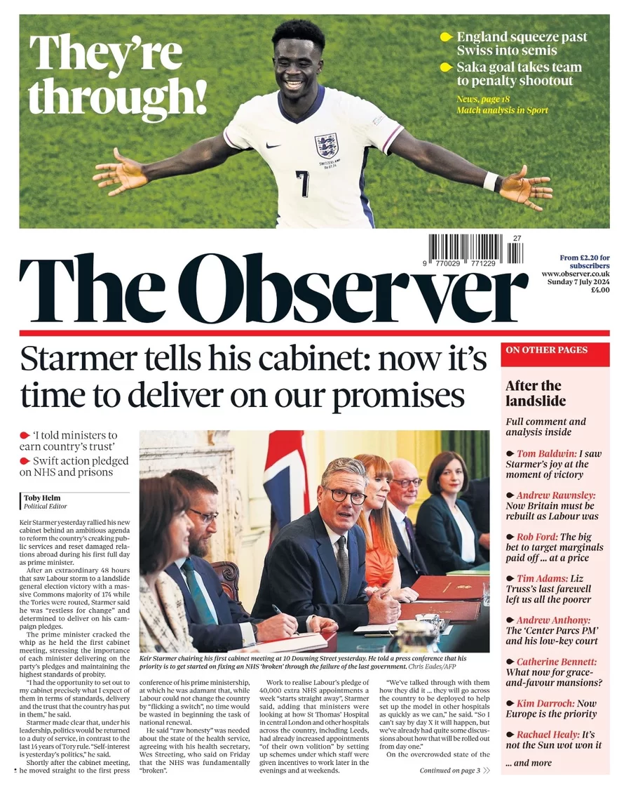 The Observer - Starmer tells his cabinet: Now it is time to start delivering on its policies 
