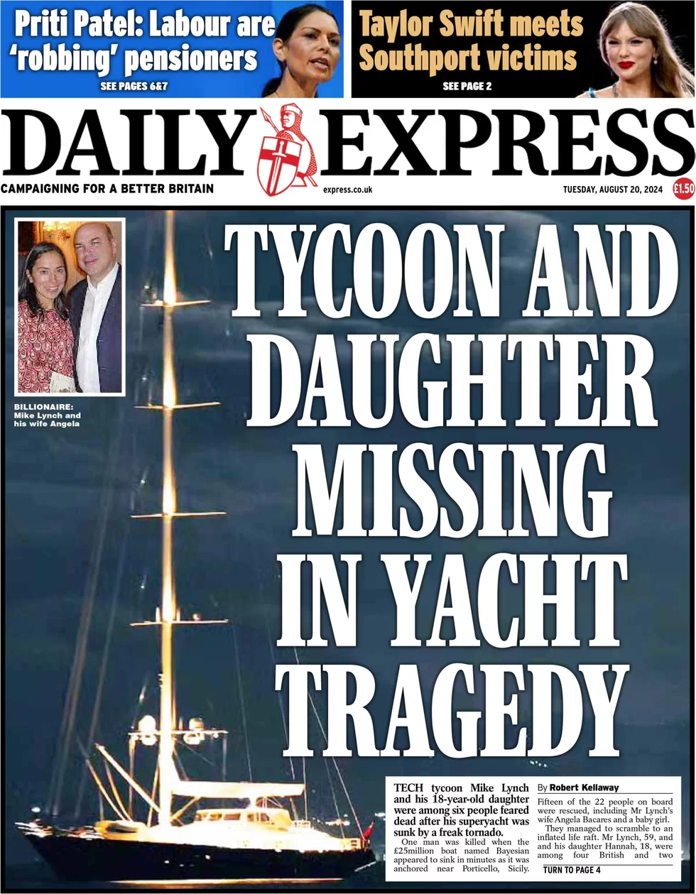 Daily Express - Tycoon and daughter missing in yacht tragedy