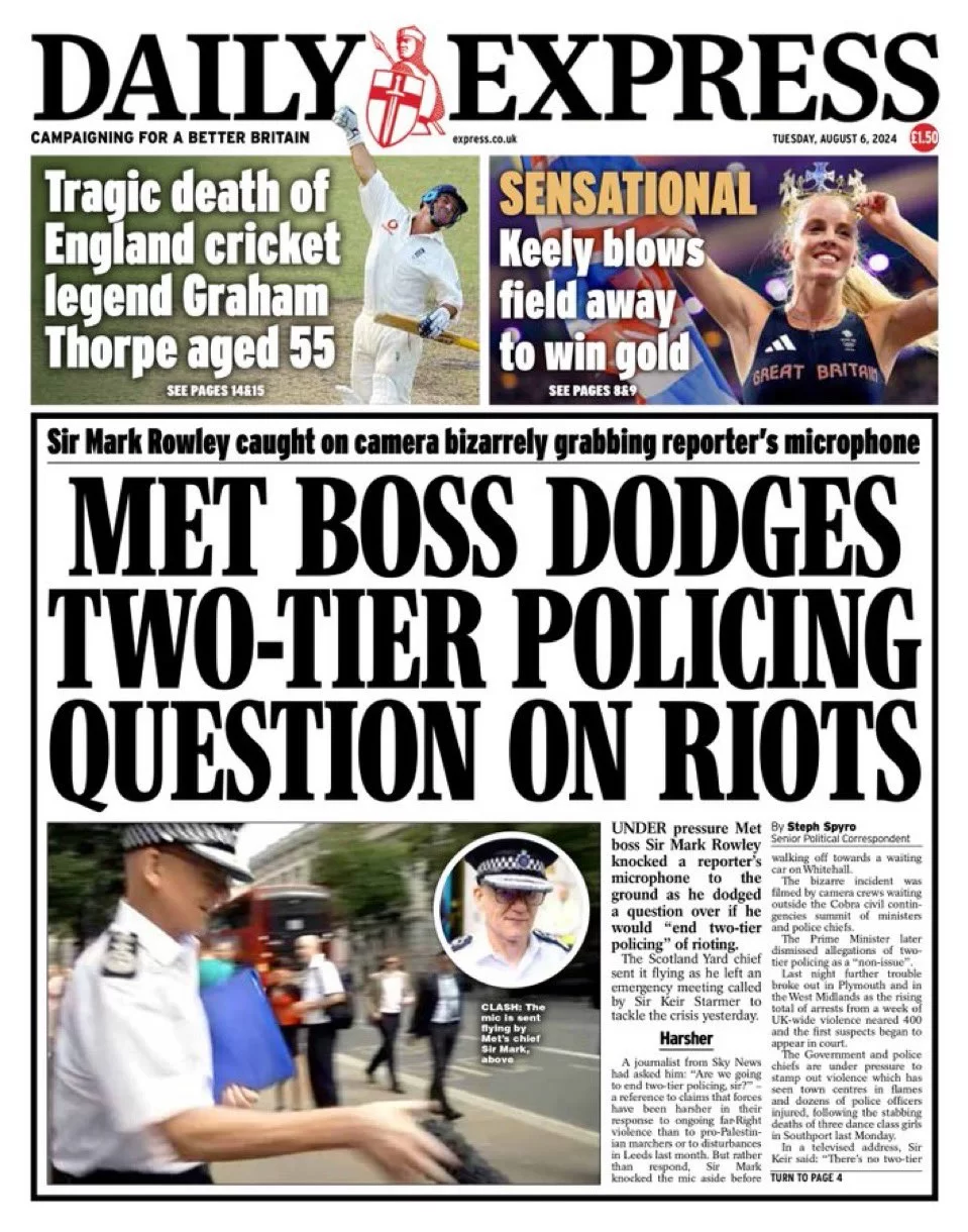 Daily Express - Met boss dodges two-tier policing question on riots 
