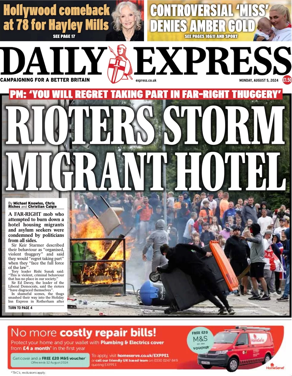 Daily Express - Rioters storm migrant hotel
