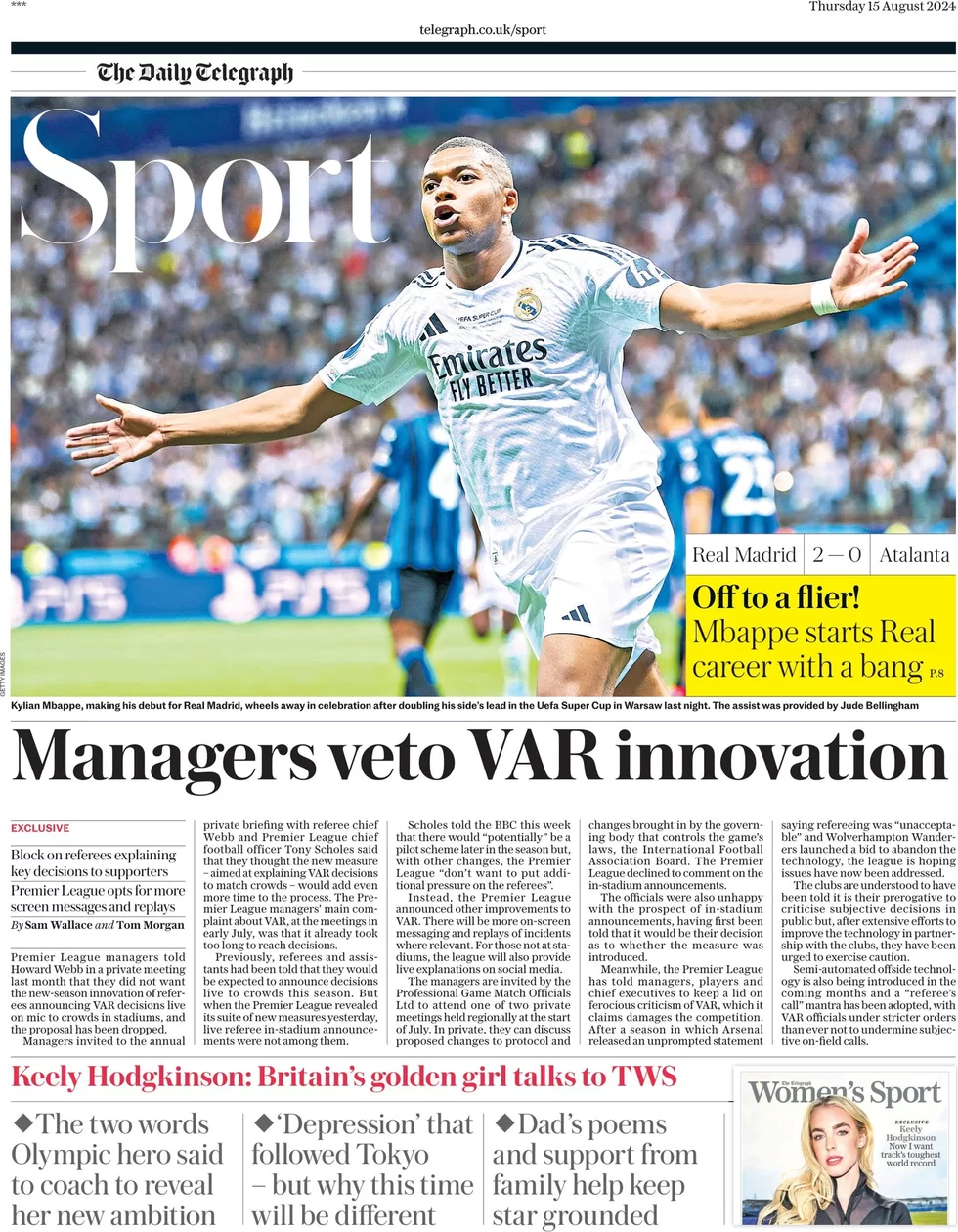 Telegraph Sport - Managers veto VAR innovation 
