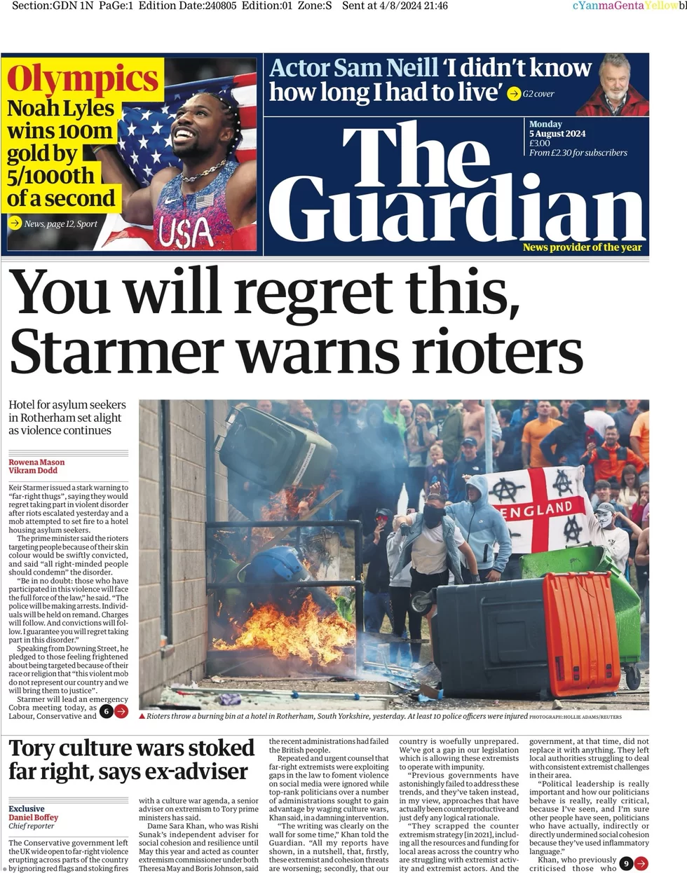 The Guardian - You will regret this, Starmer warns rioters
