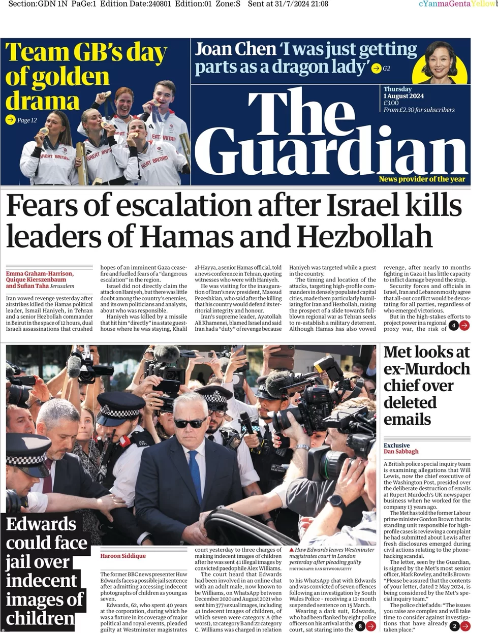 The Guardian - Fears of Escalation After Israel kills leaders of Hamas and Hezbollah 
