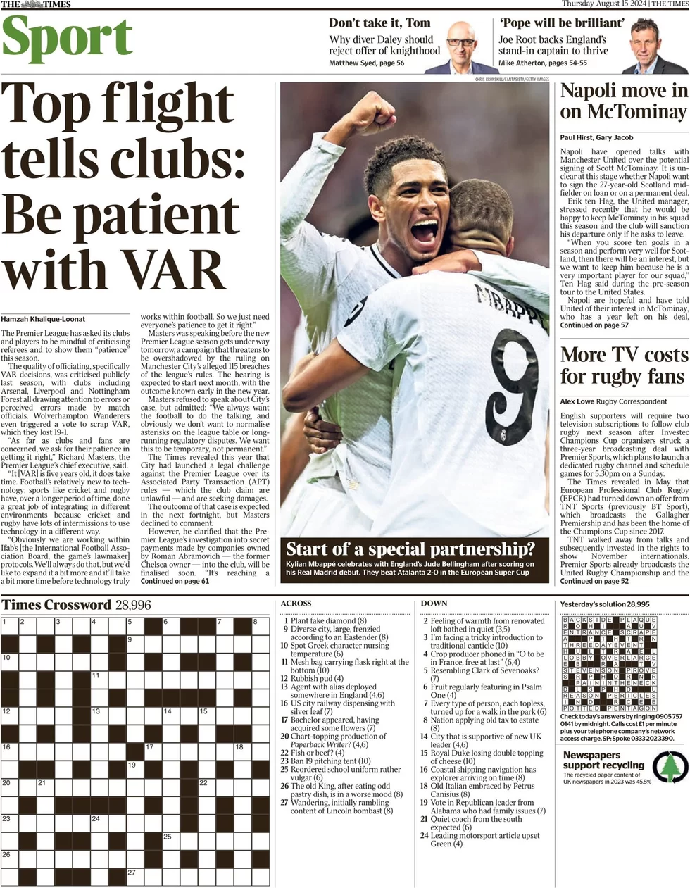 Times Sport - Top flight tells clubs: Be patient with VAR 
