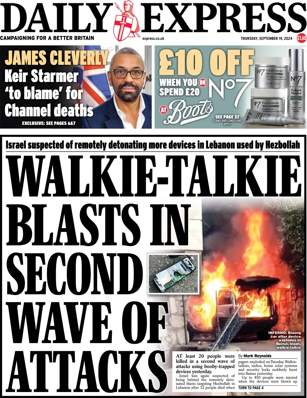 Daily Express - Walkie-talkie blasts in second wave of attacks 
