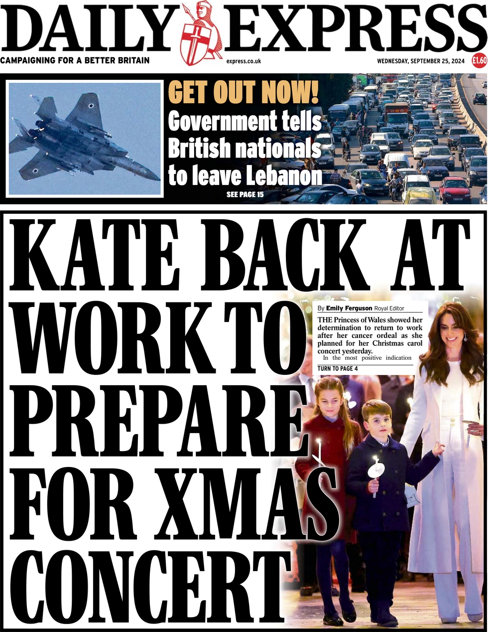 Daily Express - Kate back at work to prepare for Xmas concert 
