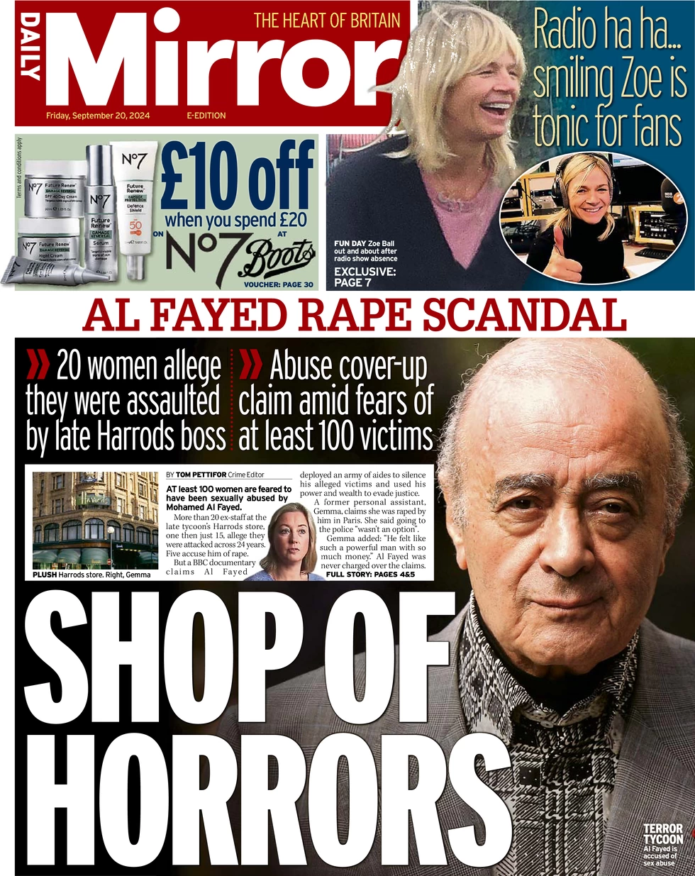 Daily Mirror - Al Fayed rape scandal: Shop of horrors