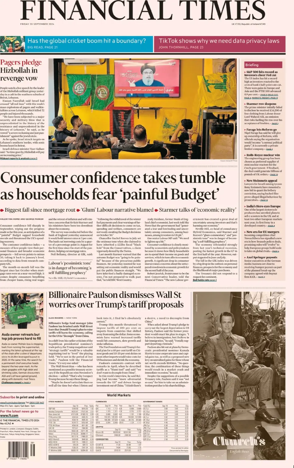 FT – Consumer confidence takes a tumble as household fears painful budget 