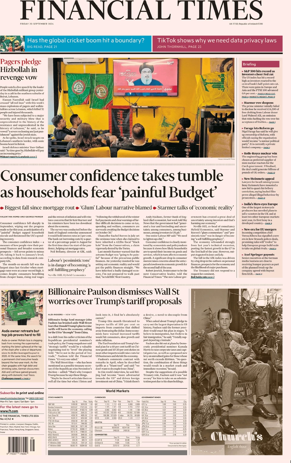 FT - Consumer confidence takes a tumble as household fears painful budget 
