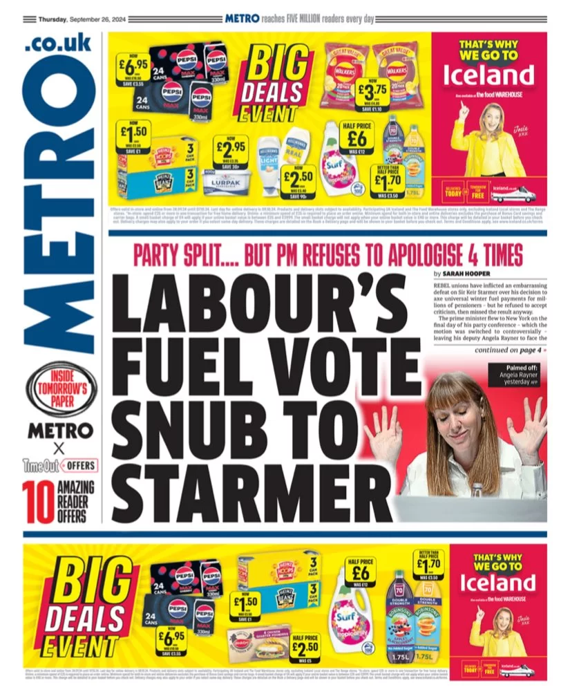 Metro - Labour’s fuel vote to Starmer 
