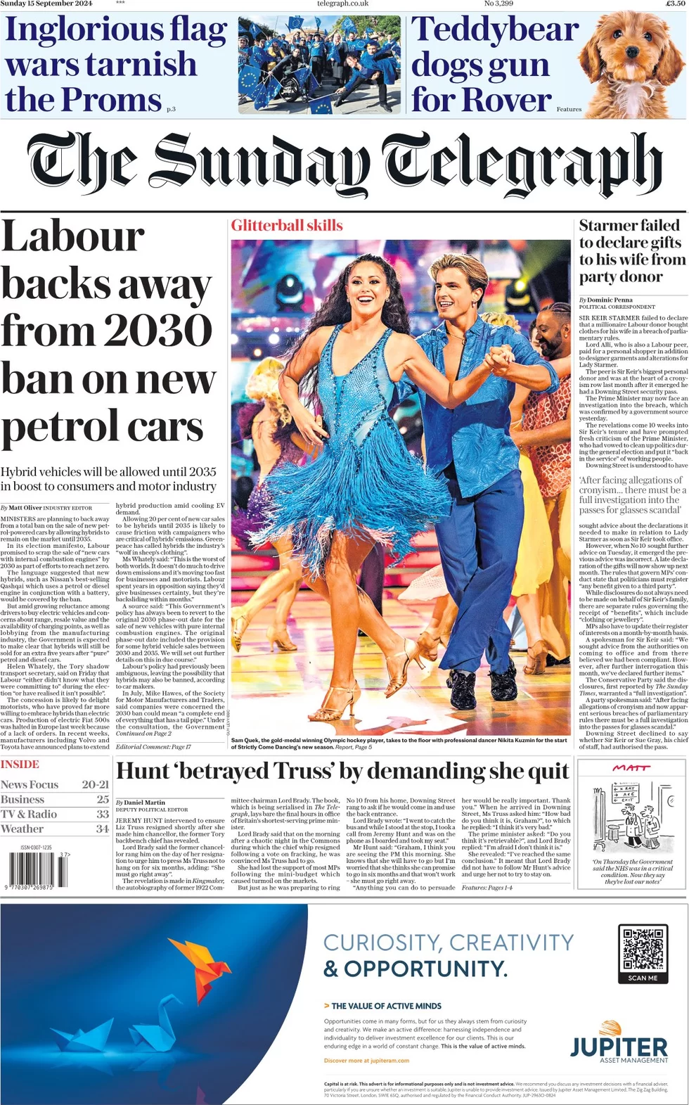 Sunday Telegraph - Labour backs away from 2030 ban on new petrol cars 
