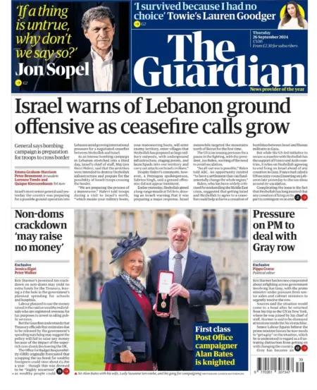 The Guardian – Israel warns of Lebanon ground offensive as ceasefire calls grow 