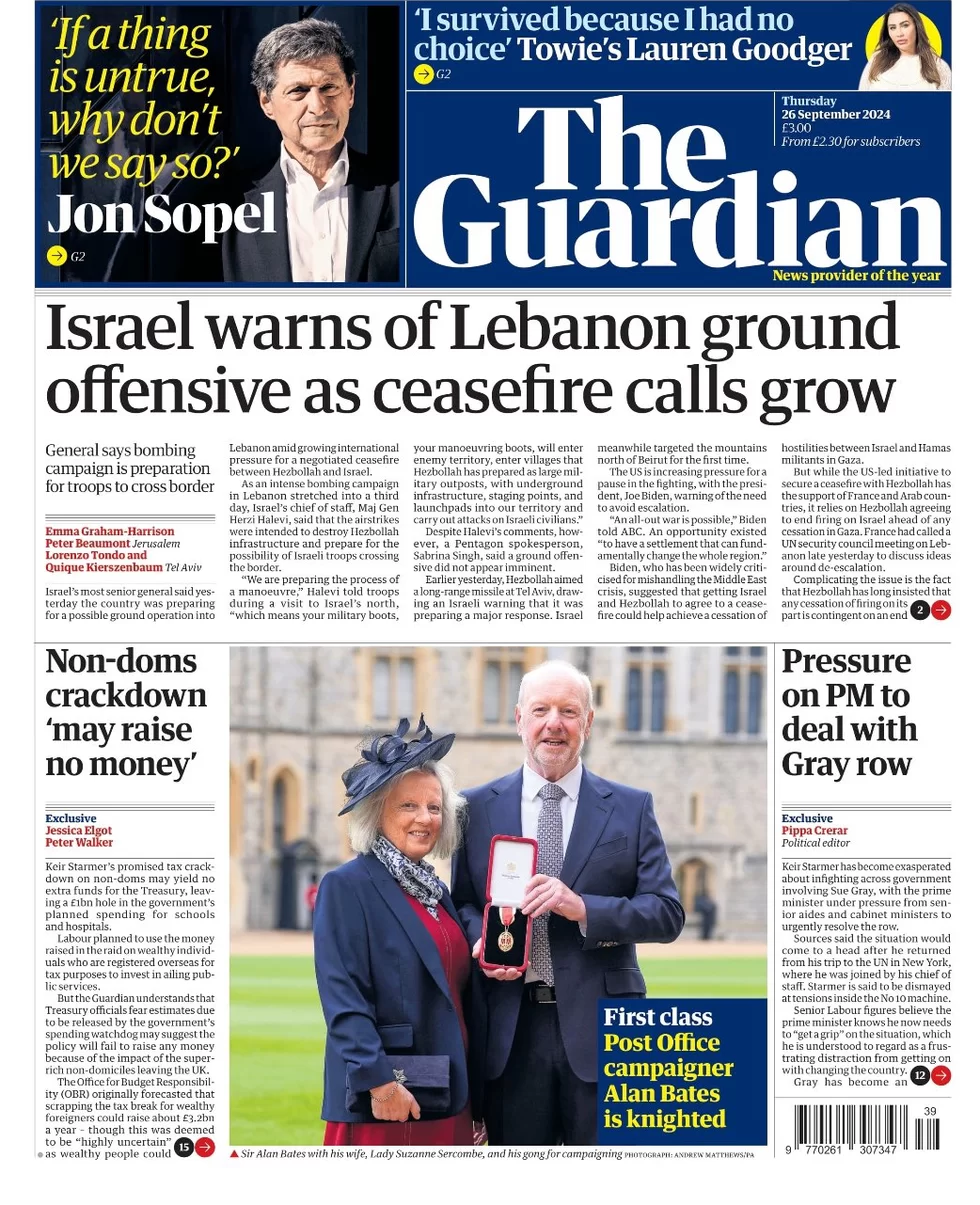 The Guardian - Israel warns of Lebanon ground offensive as ceasefire call grow 
