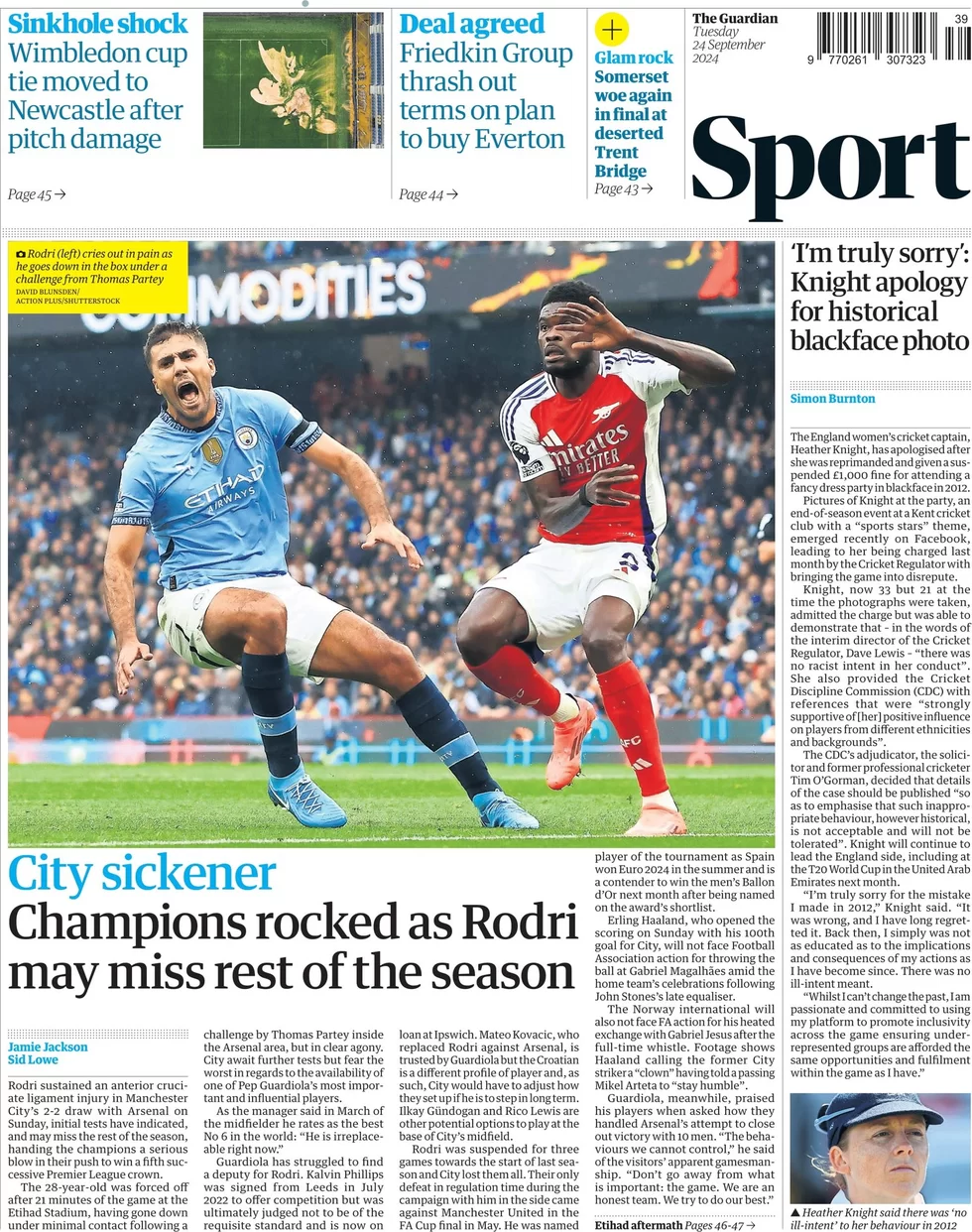 Guardian Sport - Champions rocked by Rodri may miss rest of reason 
