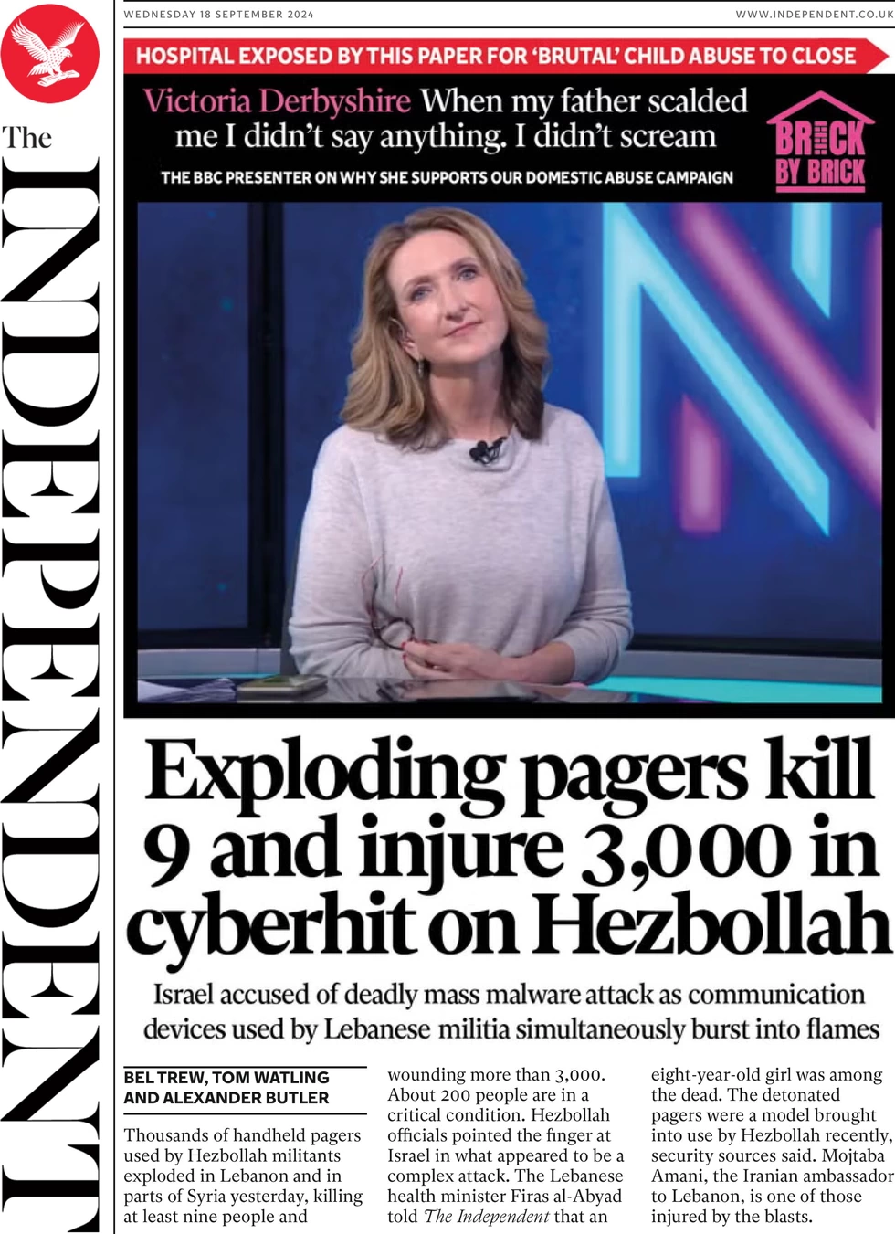 The Independent - Exploding pagers kill 9 and injure 3,000 in cyber hit on Hezbollah 