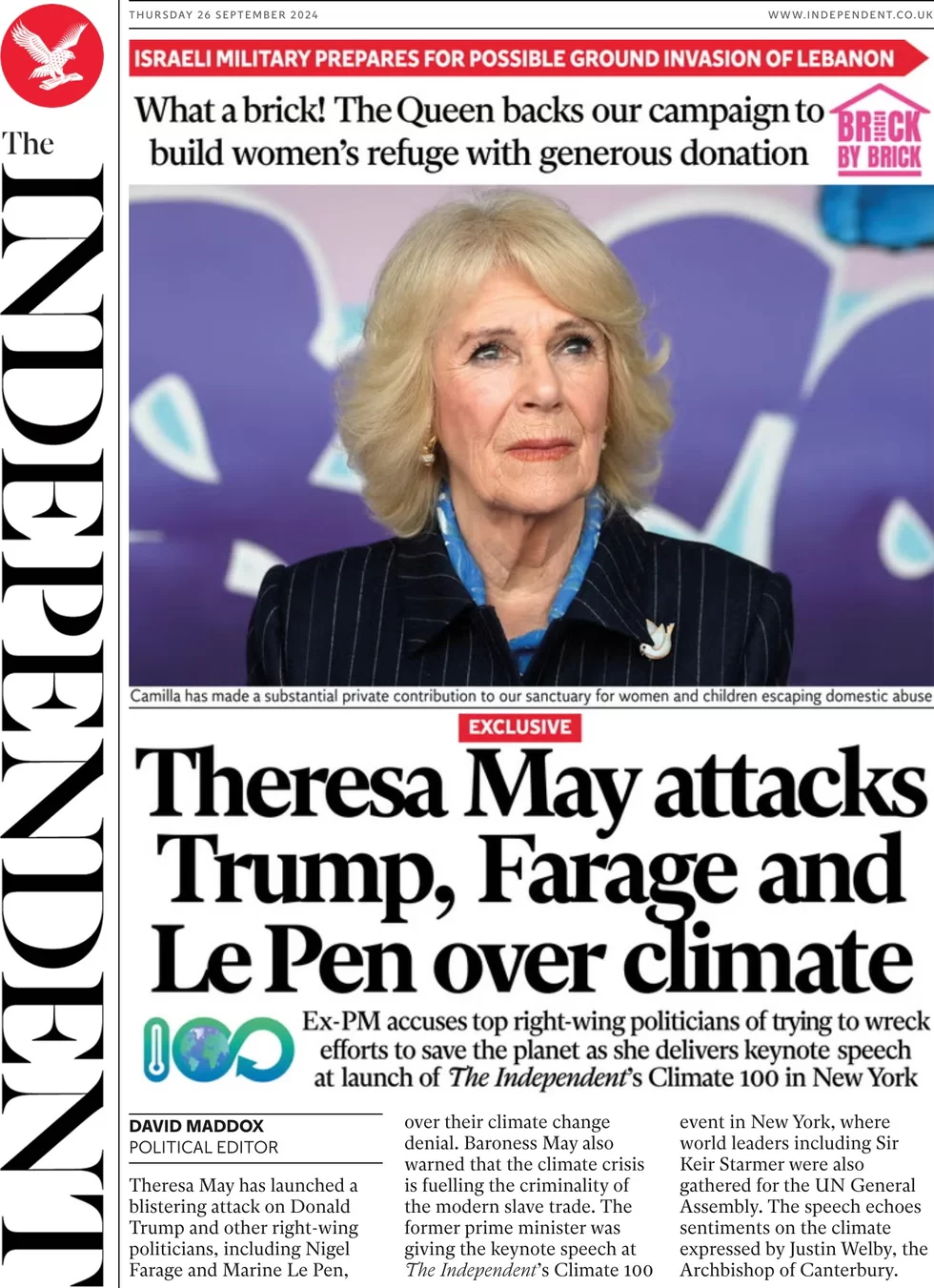 The Independent - Theresa May attacks Trump, Farage and Le Pen over climate