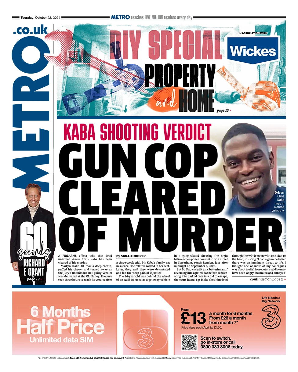 Metro - Gun cop cleared of murder 
