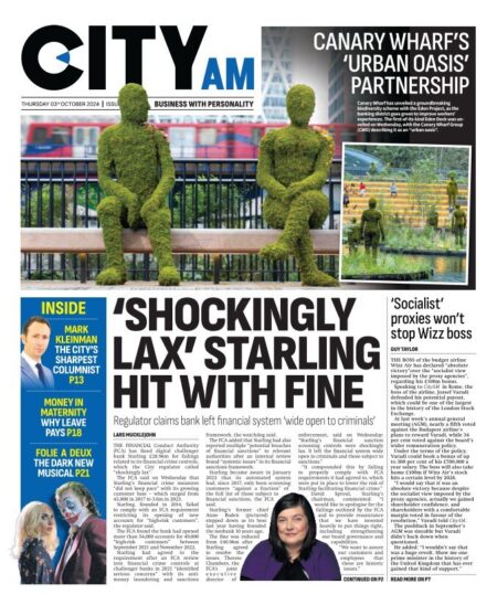 CITY AM – Starling Bank fined £29m for ‘shockingly lax’ financial crime controls