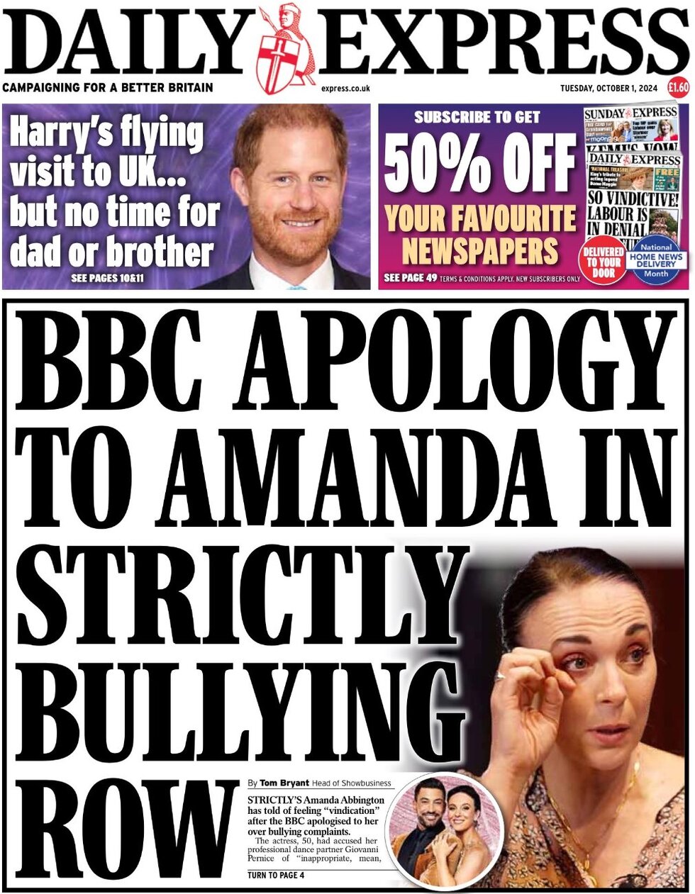 Daily Express - BBC apology to Amanda in Strictly bullying row 
