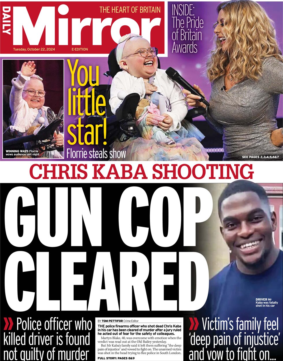 Daily Mirror - Chris Kaba shooting: Gun cop cleared