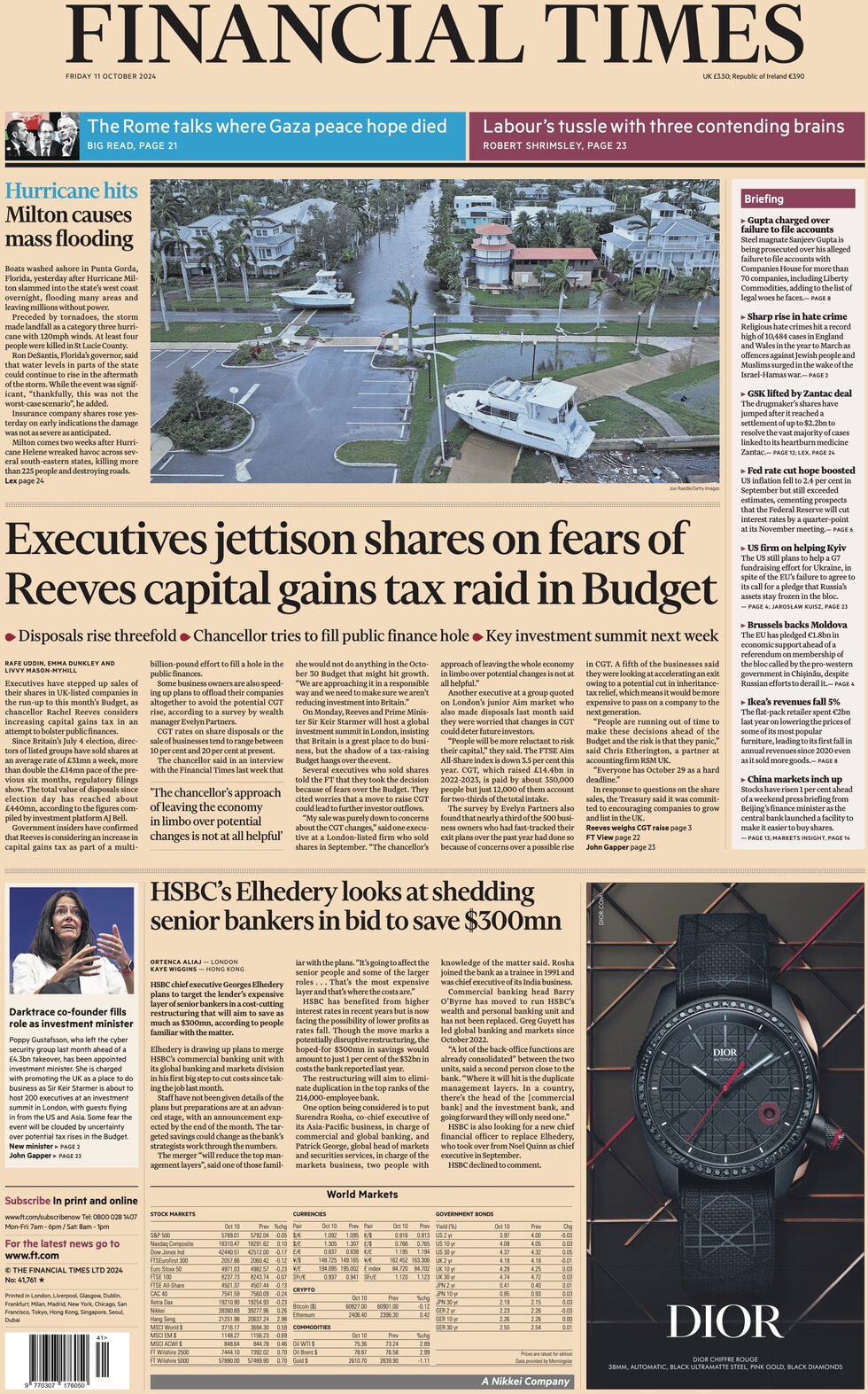 Financial Times - Executives jettison shares on fears of Reeves capital gains tax raid in Budget 
