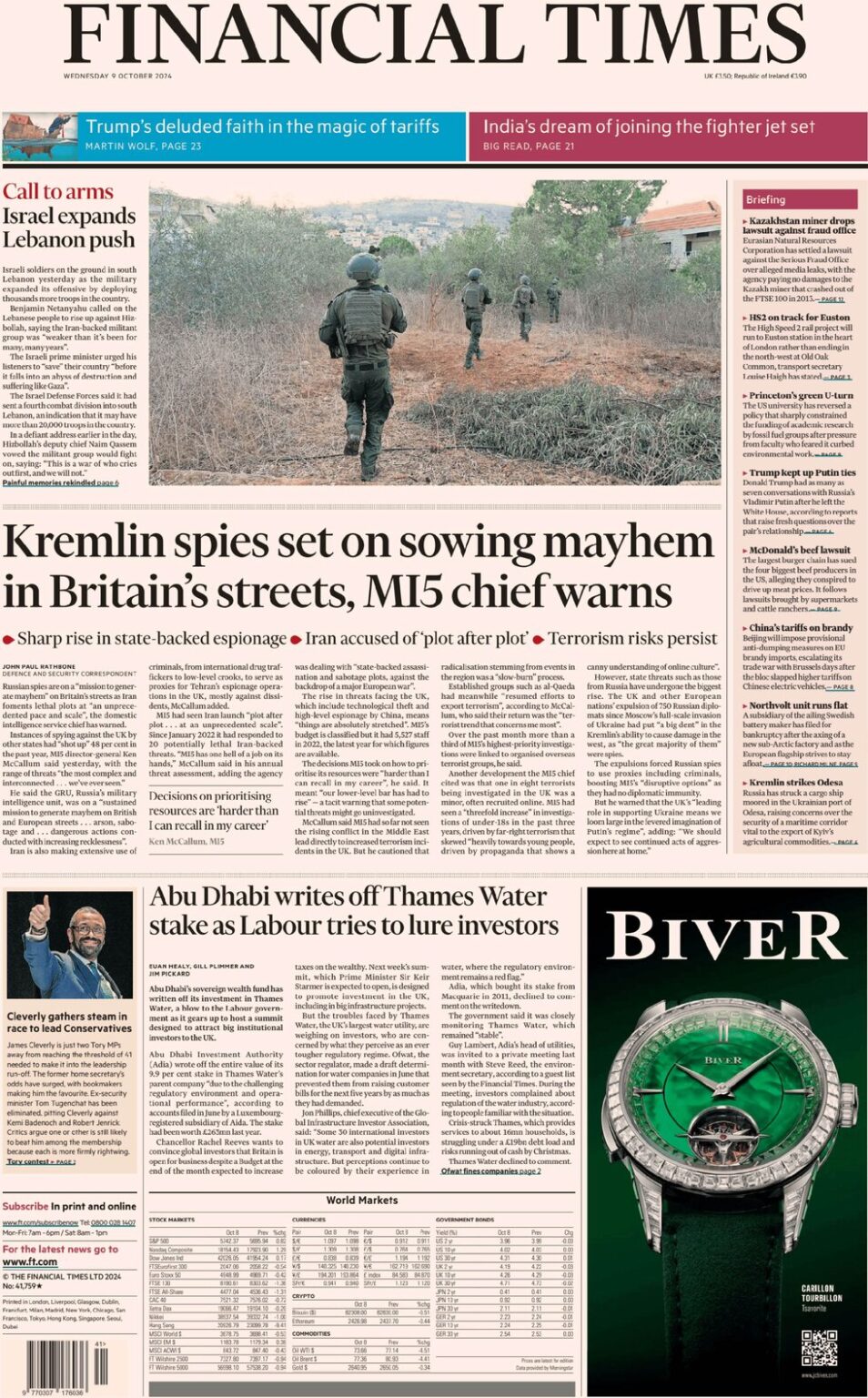 FT – Kremlin spies set on sowing mayhem in Britain’s streets, MI5 chief warns