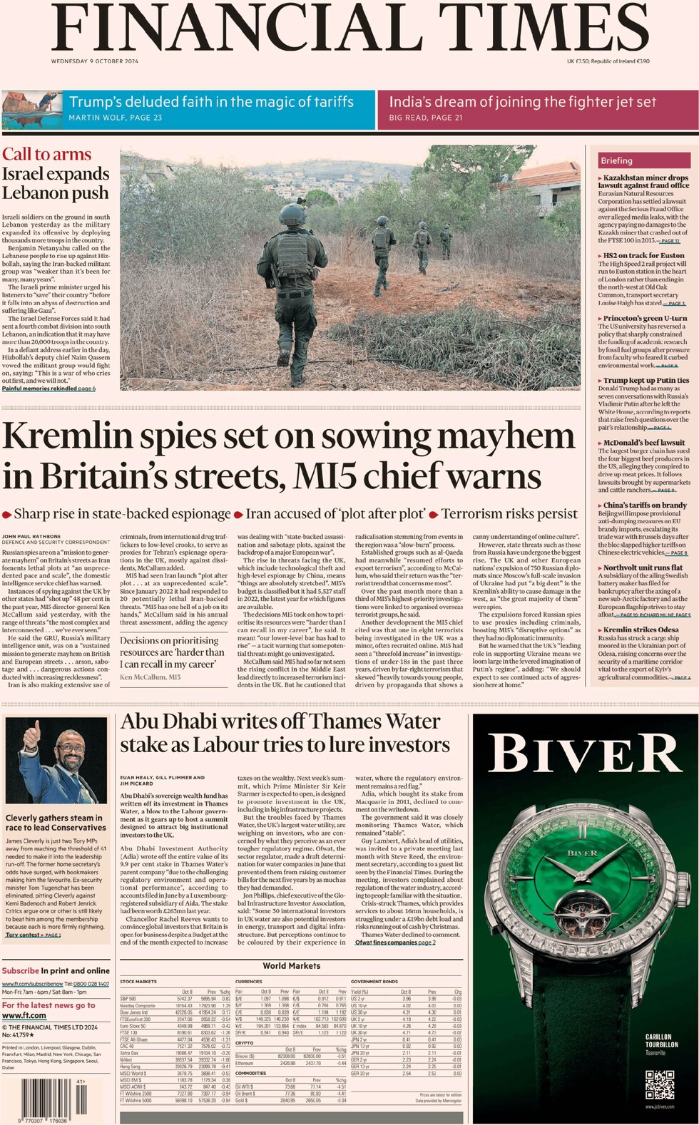 FT - Kremlin spies set on sowing mayhem in Britain’s streets, MI5 chief warns 