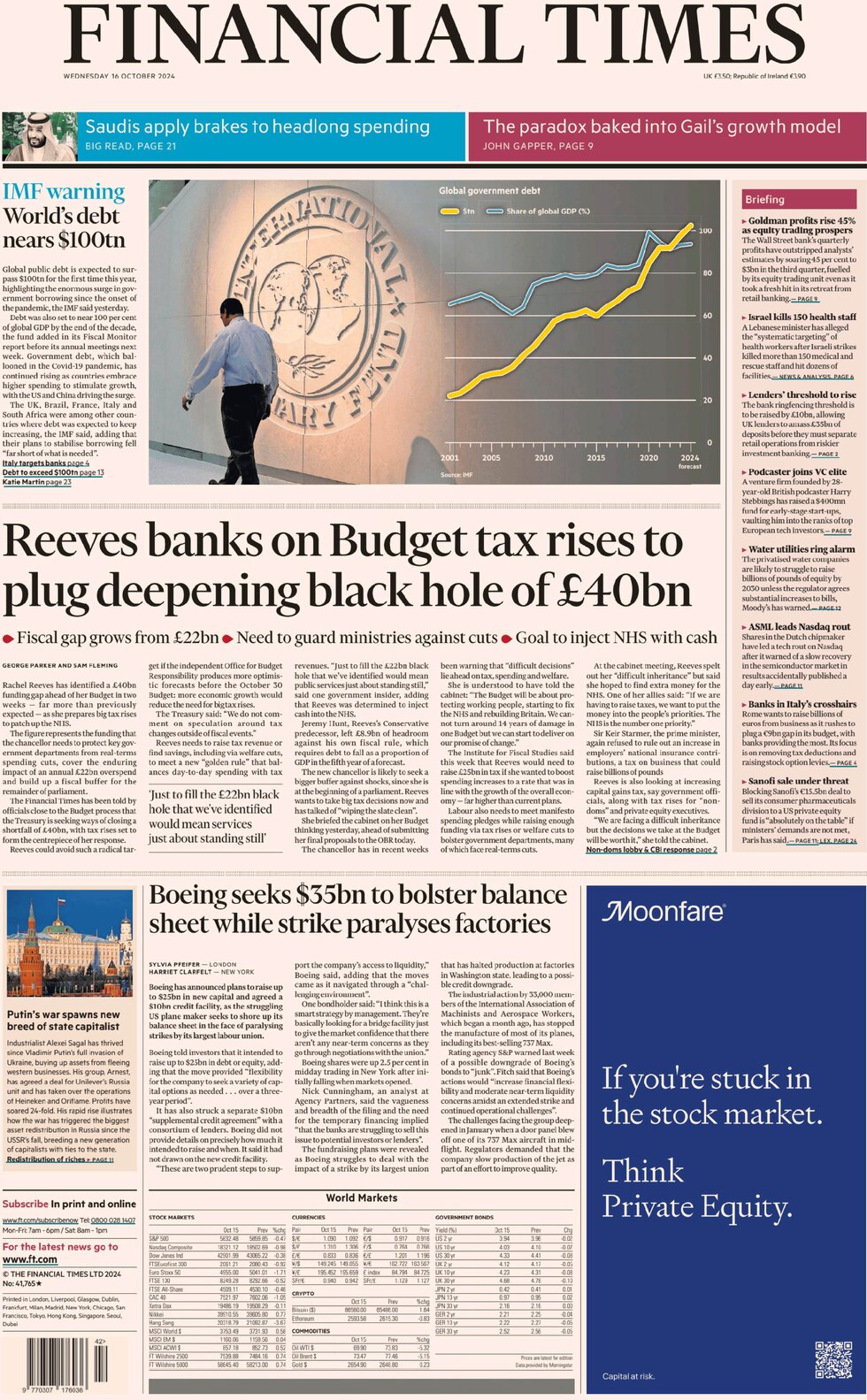 FT - Reeves banks on Budget tax rises to plug deepening black hole of $40bn 
