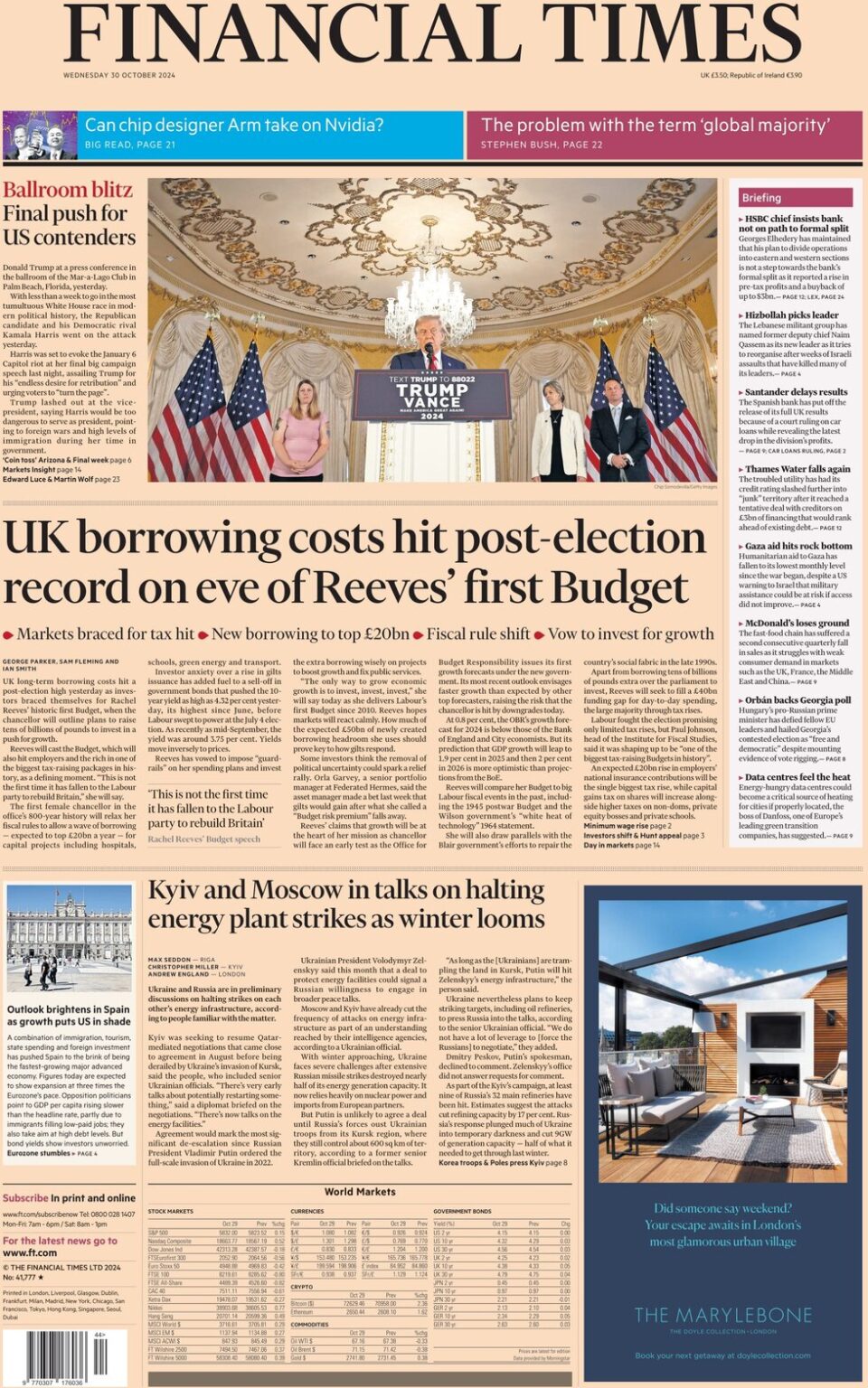 FT – UK borrowing costs hit post-election record on eve of Reeves’ first Budget