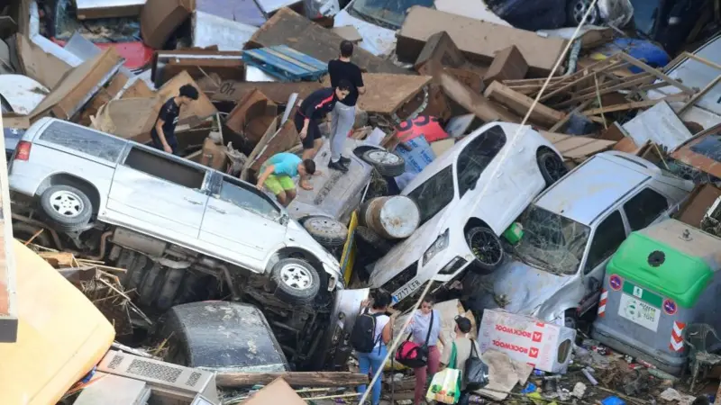 Footage of the flash floods in Valencia uploaded to social media shows cars piled on roads