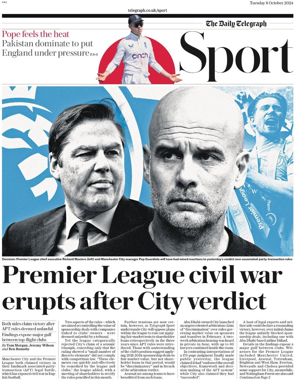 Telegraph Sport - Premier League civil war erupts after City verdict 
