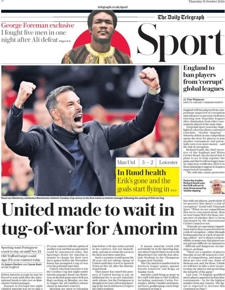 Telegraph Sport – United made to wait in tug-of-war for Amorim