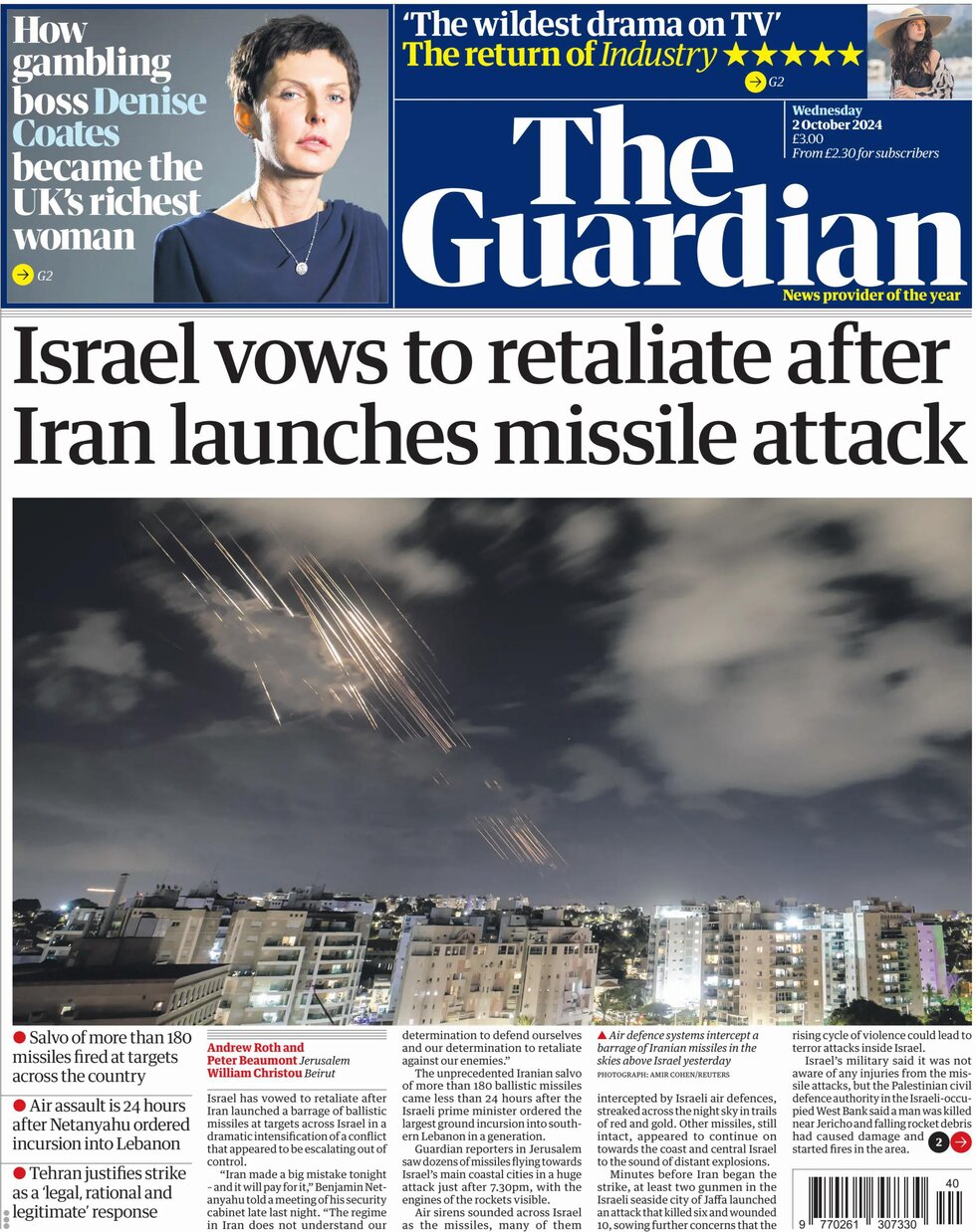 The Guardian - Israel vows to retaliate after Iran launches missile attack 
