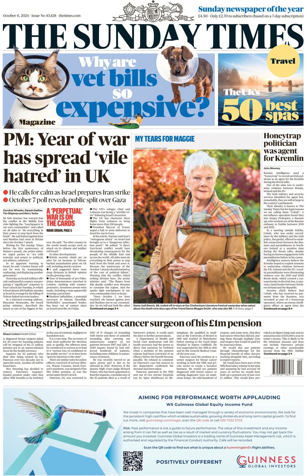 The Sunday Times - PM: Year of war has spread ‘vile hatred’ in UK 
