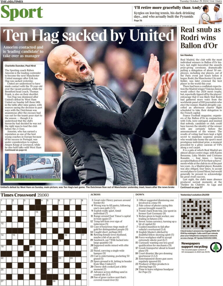 Times Sport – Ten Hag sacked by United