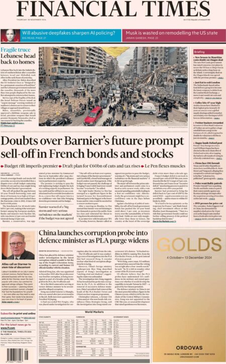 FT – Doubts over Barnier’s future prompt sell-off in French bonds and stocks