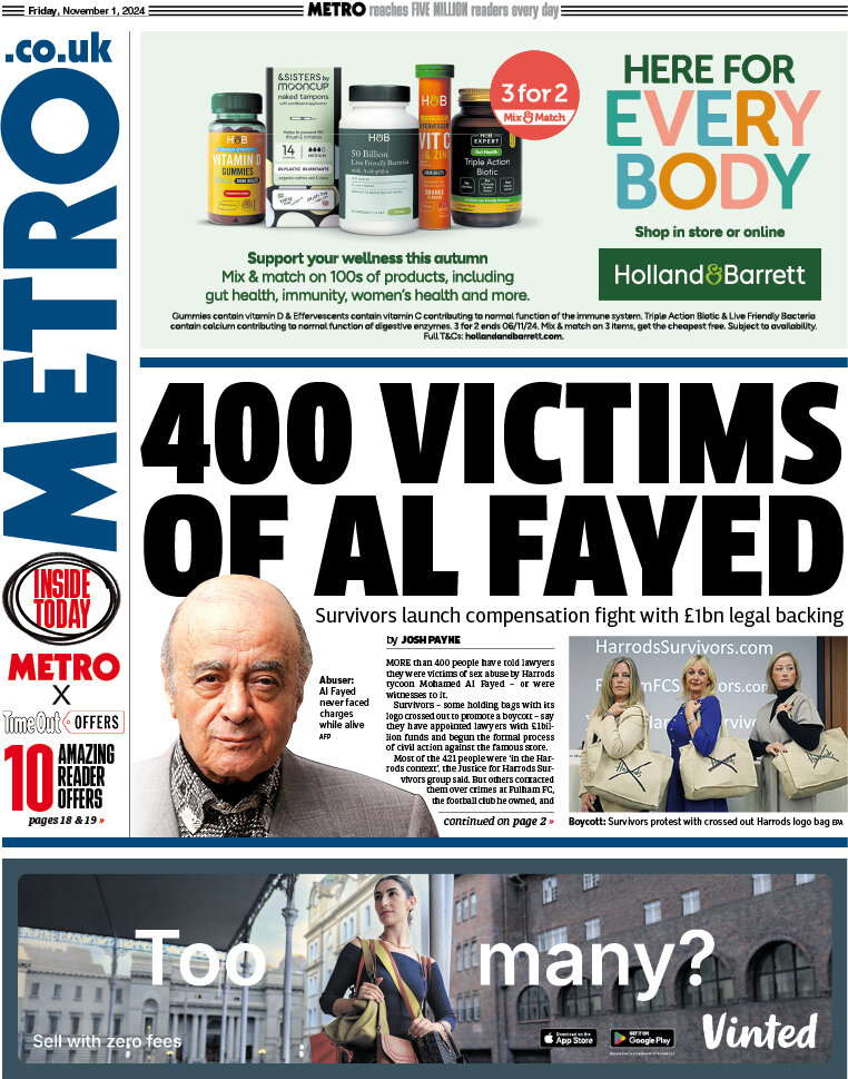 Metro - 400 victims of Al Fayed 