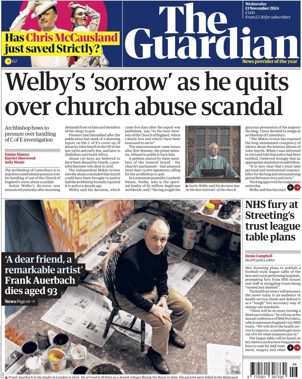 The Guardian - Welby’s sorrow as he quits over church abuse scandal 
