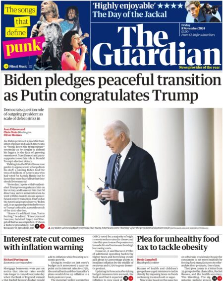 The Guardian – Biden pledges peaceful transition as Putin congratulates Trump 