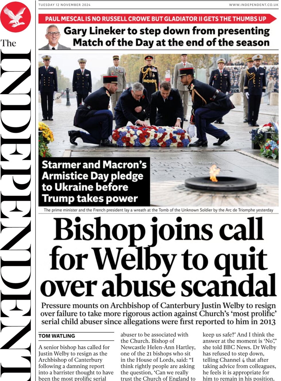 The Independent - Bishop joins calls for Welby to quit over abuse scandal 
