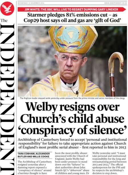 The Independent – Welby resigns over Church’s child abuse ‘conspiracy of silence’ 