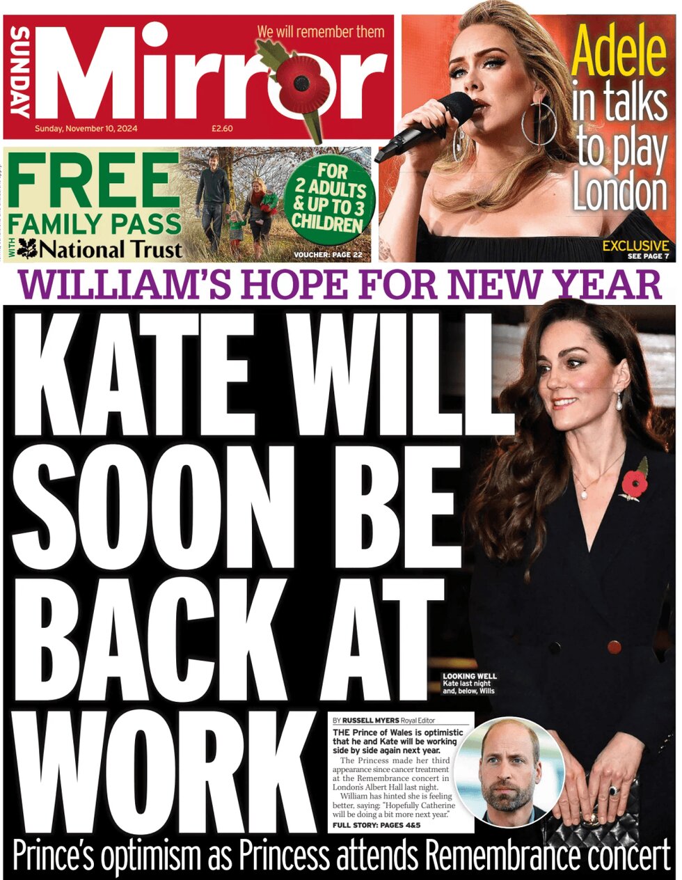 Sunday Mirror - Kate will soon be back at work 
