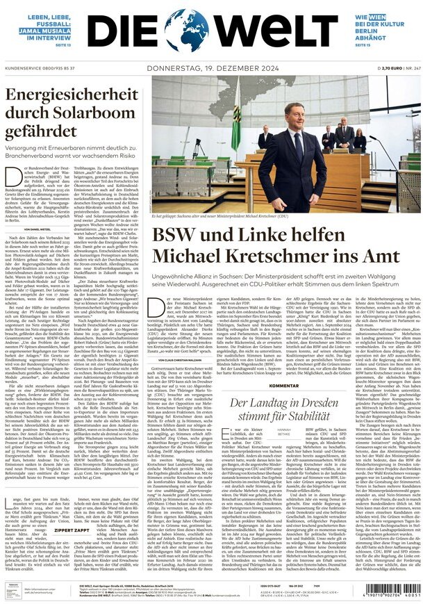 die welt front page 19/12/2024