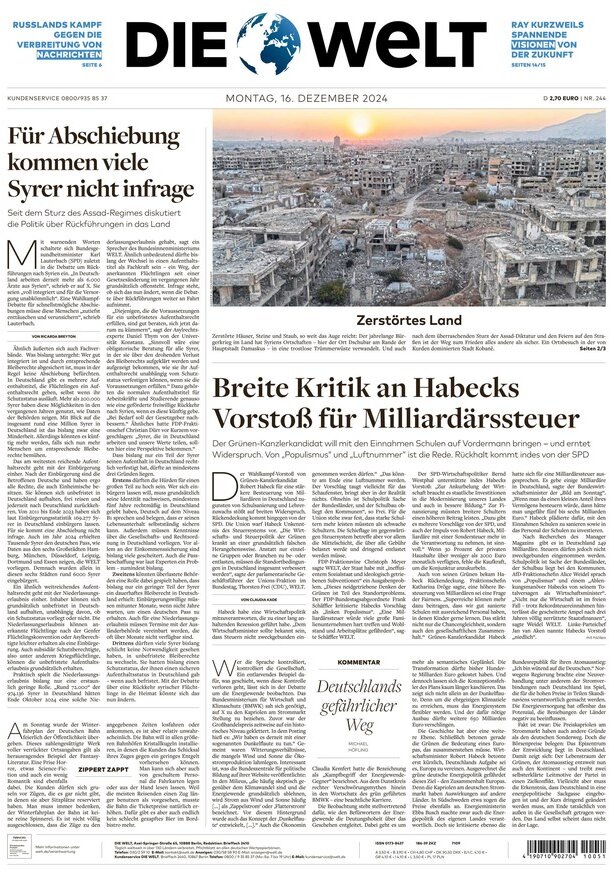 die welt front page 16/12/2024